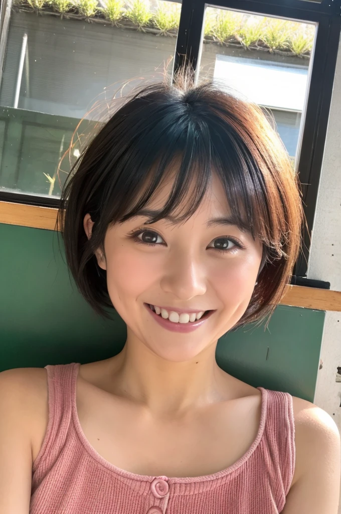 36 years old　Big Breasts　woman　A kind smile　Big eyes　Front teeth　Short Bob Hair　Japanese　classmate　Saggy breasts　Sexy appeal