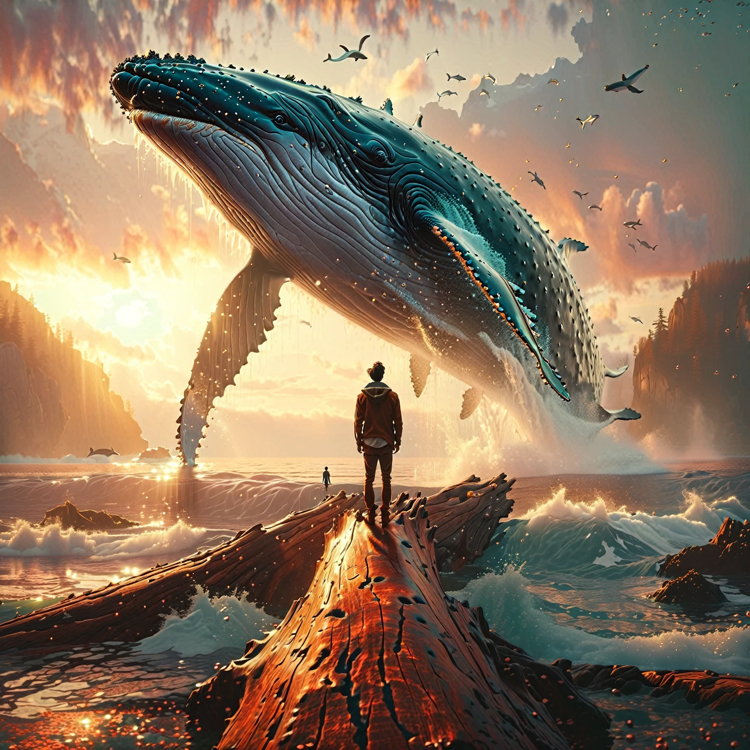 a man standing on a log looking at a humpback whale, jessica rossier fantasy art, by jessica rossier, inspired by jessica rossier, surrealistic digital artwork, surreal matte painting, by Mike Winkelmann, whale fall, creative photo manipulation, photo manipulation, flying whale, max rive, inspired by Mike Winkelmann, beeple and jean giraud