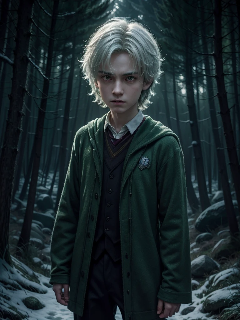 Boy character from the magical universe of Harry Potter in front of a dark forest, angry facial expression, death eaters around, Slytherin house clothes, snow-white hair ruffled, wand with green aura around, Avada Kedavra, 4K anime-style, RGB lighting,