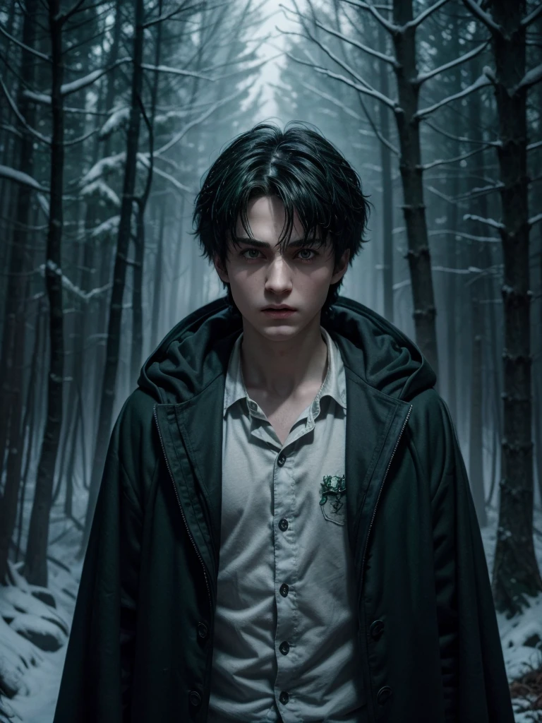 Boy character from the magical universe of Harry Potter in front of a dark forest, angry facial expression, death eaters around, Slytherin house clothes, snow-white hair ruffled, wand with green aura around, Avada Kedavra, 4K anime-style, RGB lighting,