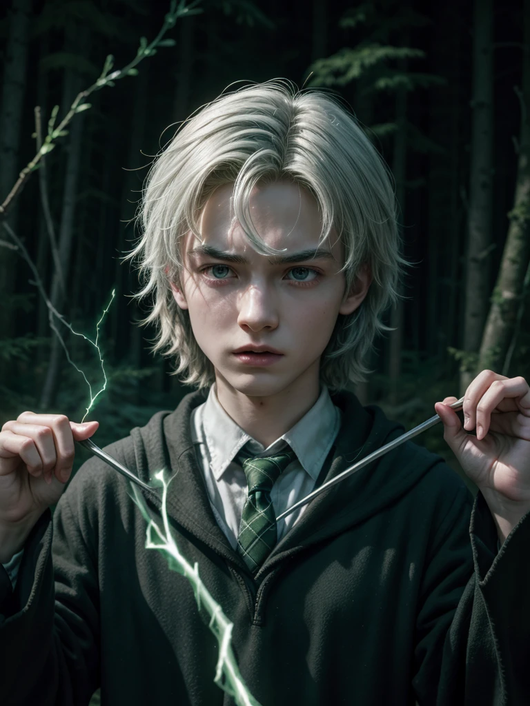 Boy character from the magical universe of Harry Potter in front of a dark forest, angry facial expression, death eaters around, Slytherin house clothes, snow-white hair ruffled, wand with green aura around, Avada Kedavra, 4K anime-style, RGB lighting,