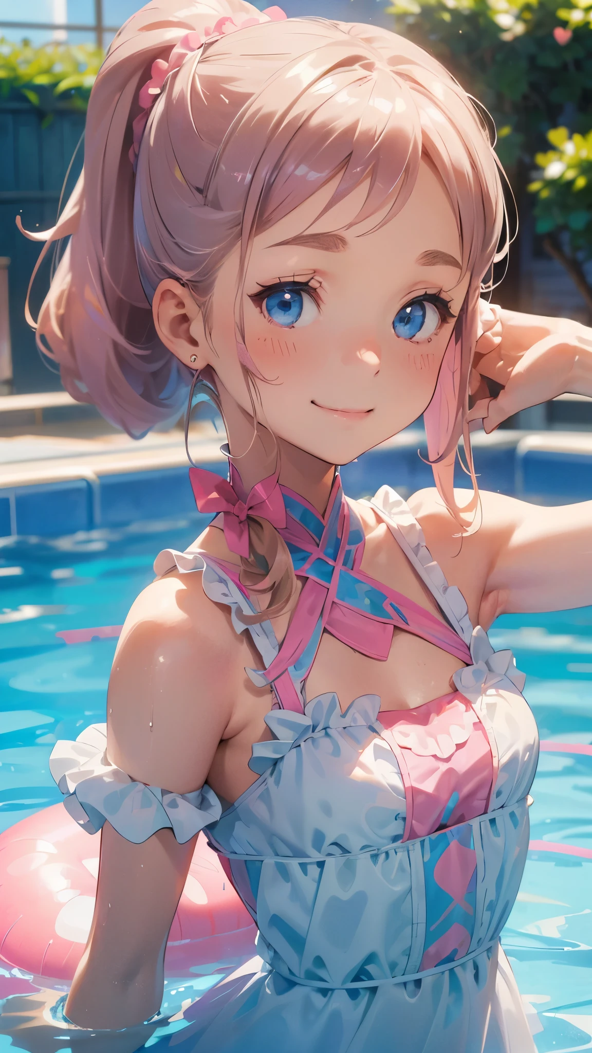 (perfect anatomy, balanced proportions, extremely cute illustration:1.1), poolside, blond hair, blue eyes, wavy long hair, ponytail, hairstyle with the bangs cut in half, arms behind head, armpits,  (embarrassed, smiling), (detailed gorgeous pink idol costume with a lot of frills), baby face, (***********;1.2), (cute round face),