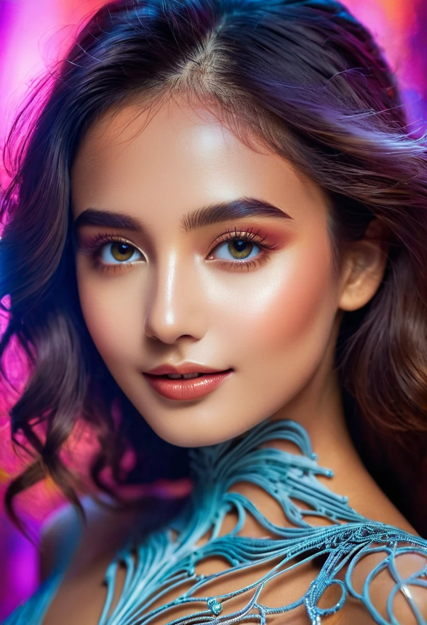 A stunning 8K RAW image captures a mesmerizing close-up of a 23-year-old woman's ethereal features, as if she were a living masterpiece. The camera frames her upper body centered, with subtle curves accentuating her figure. Softly glowing eyes illuminate translucent skin, revealing an intricate metal skeleton beneath. Her confident pose showcases flowing fabric highlighting her beauty. A vibrant background swirls with shapes and hues, drawing the eye to her radiant smile and bright gaze.