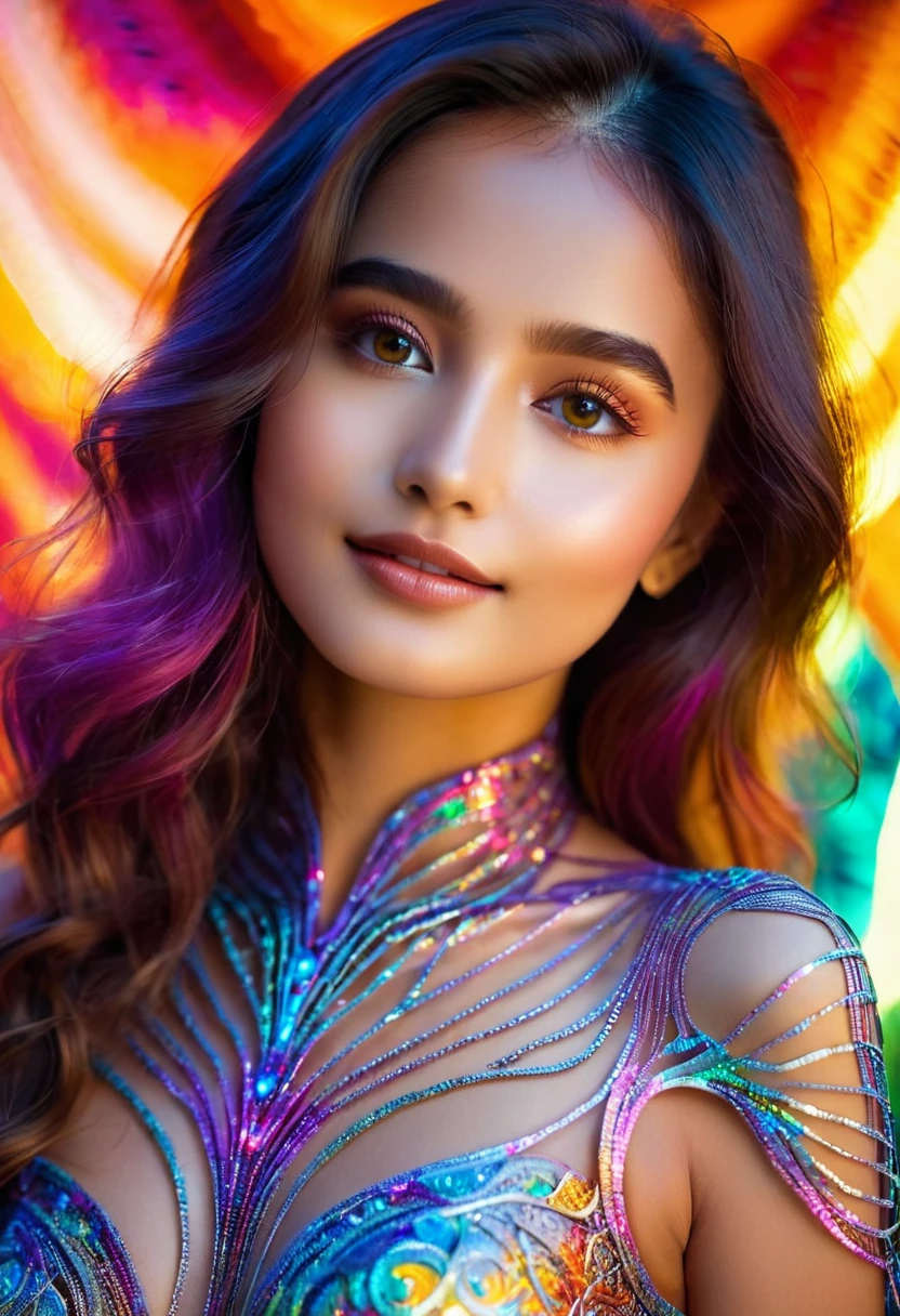A stunning 8K RAW image captures a mesmerizing close-up of a 23-year-old woman's ethereal features, as if she were a living masterpiece. The camera frames her upper body centered, with subtle curves accentuating her figure. Softly glowing eyes illuminate translucent skin, revealing an intricate metal skeleton beneath. Her confident pose showcases flowing fabric highlighting her beauty. A vibrant background swirls with shapes and hues, drawing the eye to her radiant smile and bright gaze.