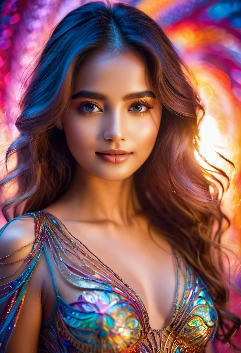 A stunning 8K RAW image captures a mesmerizing close-up of a 23-year-old woman's ethereal features, as if she were a living masterpiece. The camera frames her upper body centered, with subtle curves accentuating her figure. Softly glowing eyes illuminate translucent skin, revealing an intricate metal skeleton beneath. Her confident pose showcases flowing fabric highlighting her beauty. A vibrant background swirls with shapes and hues, drawing the eye to her radiant smile and bright gaze.