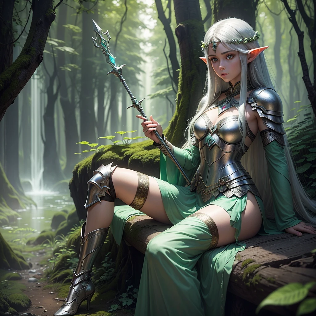 A young, adventurous female elf warrior standing in a mystical forest. She has long, flowing silver hair and piercing green eyes. Her armor is made of intricately designed silver and green metals, adorned with emeralds. She holds a glowing, ancient staff in her right hand and a small, enchanted shield in her left. The forest is dense with ancient trees, bioluminescent plants, and soft mist swirling around her feet. The mood is magical and mysterious, realistic, 4k, beautiful big eyes, cover legs, sitting