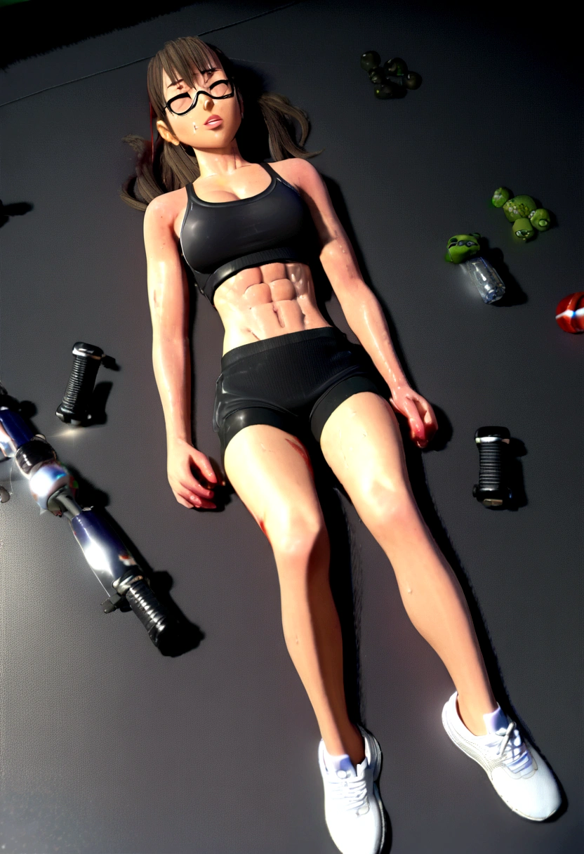 1girl, glasses, closed eyes, full lips, She's doing abs, like disney Cartoon, she's sweaty, six pack, abdomen, (((blood in the stomach, blood in the mid-abdominal area, blood, bruising in the abdomen, bruising in the middle abdomen, bruising))), black sport shorts, black sport top, muscles, white tennis shoes, working out, lying on the floor, pixar, 3d, disney, full body, dead