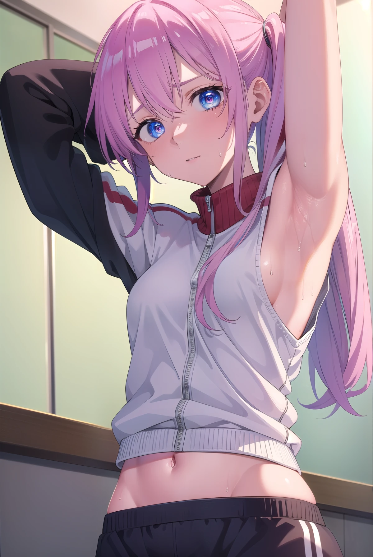 miyakoshikimori, miyako shikimori, long hair, blue eyes, hair between eyes, pink hair,
BREAK  white sport bra, side ponytail, track jacket, track suit,
BREAK looking at viewer,
BREAK indoors, classroom,
BREAK (masterpiece:1.2), best quality, high resolution, unity 8k wallpaper, (illustration:0.8), (beautiful detailed eyes:1.6), extremely detailed face, perfect lighting, extremely detailed CG, (perfect hands, perfect anatomy), ((armpits)), ((full of sweat)), sweaty, ((dripping wet armpits)), close up armpits