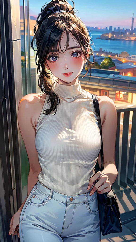 (masterpiece:1.3, Highest quality, Ultra-high resolution, Super detailed), (Realistic, photoRealistic:1.4), Beautiful illustrations, Perfect lighting, Natural light, colorful, Depth of written boundary, ,
Beautiful detailed hair, Beautifully detailed face, Beautiful attention to detail, Beautiful clavicle, Beautiful body, Beautiful breasts, Beautiful thighs, Beautiful feet, Beautiful fingers, Shiny skin,
View your viewers, 1 Girl, 30 years old, (Perfect Anatomy, Anatomically correct, Highly detailed skin), Cute and symmetrical face, Baby Face, Perfect Face, Perfect Eyes, ,
(Long Hair:1.3, ponytail:1.2), Swept-apart bangs, Big eyes, Long eyelashes, (Medium chest, Captivating thighs), Skin gingiva,
(Detailed cloth texture, Sleeveless high neck sweater in white:1.1, Skinny jeans), One-shoulder beige bag,
(Beautiful views), summer, night, (Cityscape:1.2), walking, (Cute smile, Upward glance, Part your lips),
