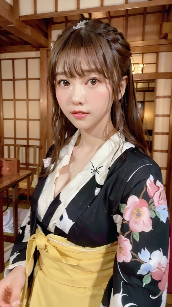 (Highest quality、8K、32k、masterpiece)、(masterpiece, Latest,Exceptional:1.2), anime, One Girl,Front hair,black_hair, 美しい8Kの目,Looking_in_audience,One person in,Are standing,((Very beautiful woman, Fuller lips, Japanese pintern kimono))、((Colorful Japanese kimono)))、(((Medium Shot)))、blunt bungs、(High resolution)、Very beautiful face and eyes、1 Girl 、Round and small face、Tight waist、delicine body、(Highest quality high detail Rich skin details)、(Highest quality、8K、Oil paints:1.2)、Very detailed、(Realistic、Realistic:1.37)、Bright colors、(((blackhair)))、(((longhair)))、(((cowboy pictures)))、((( Inside old Japanese house)))、(masterpiece, Highest quality, Highest quality, Official Art, beautifully、beautiful:1.2), (One Girl), Very detailedな,(Fractal Art:1.3),colorful,Most detailed,Sengoku period(High resolution)、Very beautiful face and eyes、1 Girl 、Round and small face、Tight waist、Delicine body、(Highest quality high detail Rich skin details)、(Highest quality、8K、Oil paints:1.2)、(Realistic、Realistic:1.37)、By Greg Rutkowski:Alphonse Mucha Ropp, pink lip