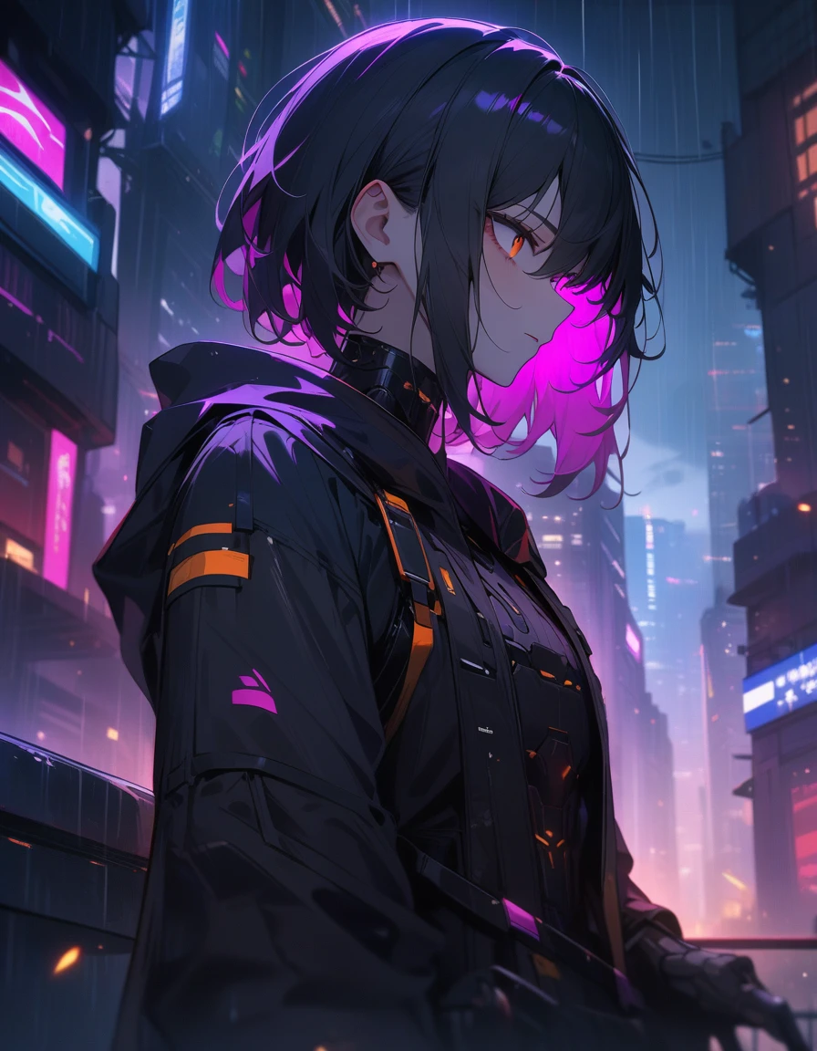 ((masterpiece:1.2, best quality)), Extremely detailed, Ultra-precise depiction, Yang Jian，Mechanical body， On top of a building in a cyberpunk city，Staring blankly at the rain