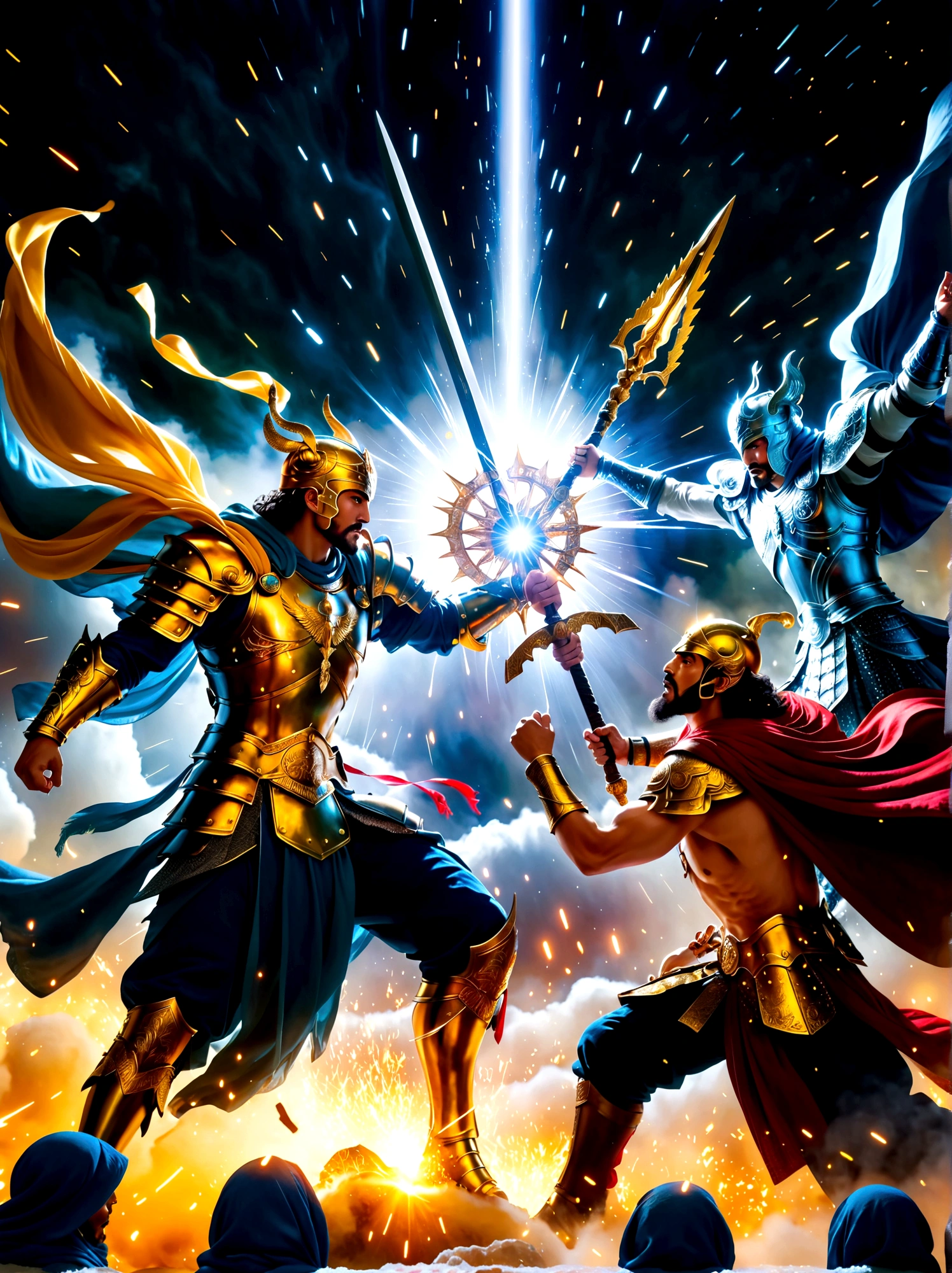 A dramatic scenario depicting a mighty heavenly battle. The scene is filled with warriors donning shining celestial armor, each with unique adornments that gleam with divine aura. They are caught in a historic clash with the malevolent forces of darkness. The intense combat is frozen in time as though captured by a high-speed camera. High contrast lighting casts stark shadows and highlights across the battlefield, while vibrant colors breathe life into the epic confrontation. The warriors are in dynamic poses, their expressions exuding determination and unwavering courage. This is a manifestation of epic and timeless fantasy