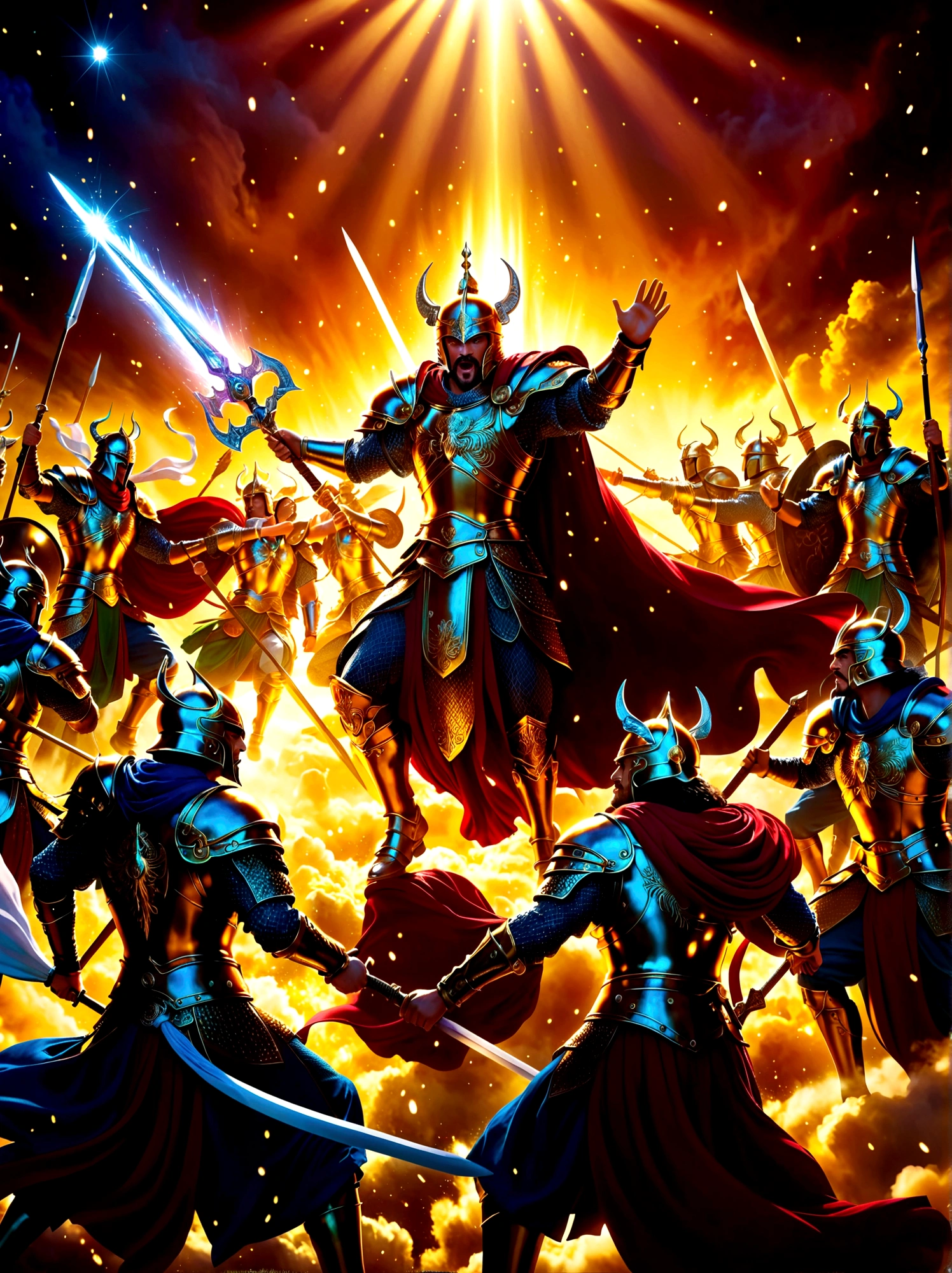 A dramatic scenario depicting a mighty heavenly battle. The scene is filled with warriors donning shining celestial armor, each with unique adornments that gleam with divine aura. They are caught in a historic clash with the malevolent forces of darkness. The intense combat is frozen in time as though captured by a high-speed camera. High contrast lighting casts stark shadows and highlights across the battlefield, while vibrant colors breathe life into the epic confrontation. The warriors are in dynamic poses, their expressions exuding determination and unwavering courage. This is a manifestation of epic and timeless fantasy