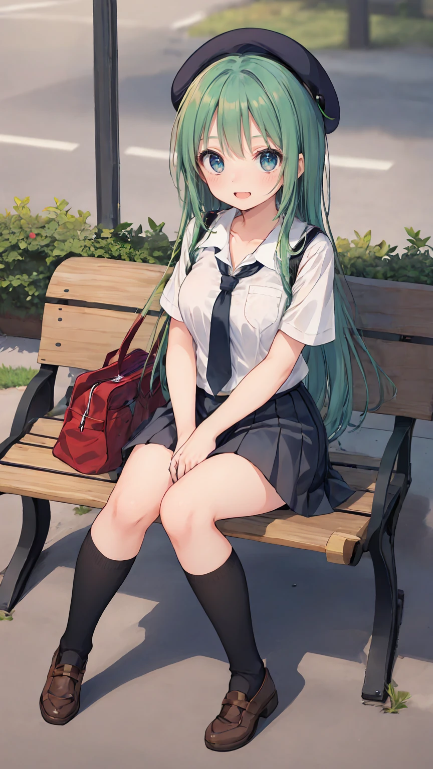 (masterpiece, highest quality), High resolution, Detailed face:1.2, (anime_style:1.2), Sharpness, 4K, A woman taking a photo, happy smile, Panic face, upset, Open your mouth, Long Hair, Green Hair, Straight hair, Fine skin, Beautiful Hands, Beautiful fingers, Wearing a beret, tie, Short sleeve blouse, Pleated skirt, school bag, Thighs, Absolute area, Knee socks, hand between legs, Hot summer day, School, Schoolyard, Sitting on a bench, holding Canned juice, Natural light, Sharp focus, Hasselblad Photography, Cinema Lighting, whole body, Canned juice,