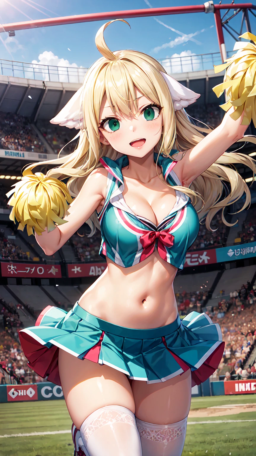 Masterpiece ,best quality , high resolution , (1 girl solo:1.38) , (mavis, long hair, blonde hair, (green eyes:1.5), ahoge, wavy hair, animal ears,) , (cleavage:1.2) , (medium breast:1.28) , (wear baseball hat , belly , navel , white sailor , bow , knot , stockings , panties , strong wind , big wing , skirt lift ) , (cleavage:1.15) , (big breast:1.1) , (face view , look at view ) , (cheerleader , cheering , holding pom pom , skirt  , head tilt , jumping) ,  (outdoor , gym，Playing field，Cheerleading ，Strong winds，gale，ribbons flying，victory)