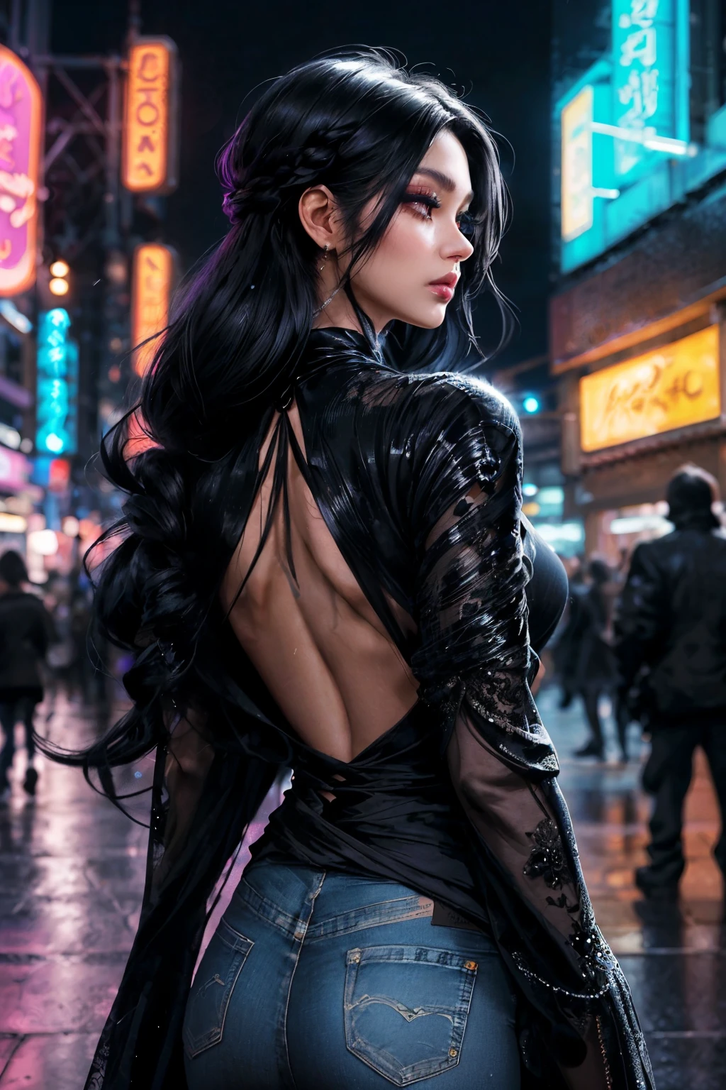 The image depicts a young woman strolling through a vibrant nighttime urban landscape, illuminated by myriad hues of neon lights, surrounded by a bustling crowd. She is attired in an unconventional black dress, featuring an intricate star-like pattern on the top, paired with denim jeans. The dress's fabric is smooth and sleek, conveying a sense of elegance and mystery. Her long, raven-black hair cascades down her back, some sections carefully tied up to accentuate the back of her neck. The makeup she sports highlights her eyes, drawing attention to their captivating depth. The overall aesthetic is one of subtle glamour and en