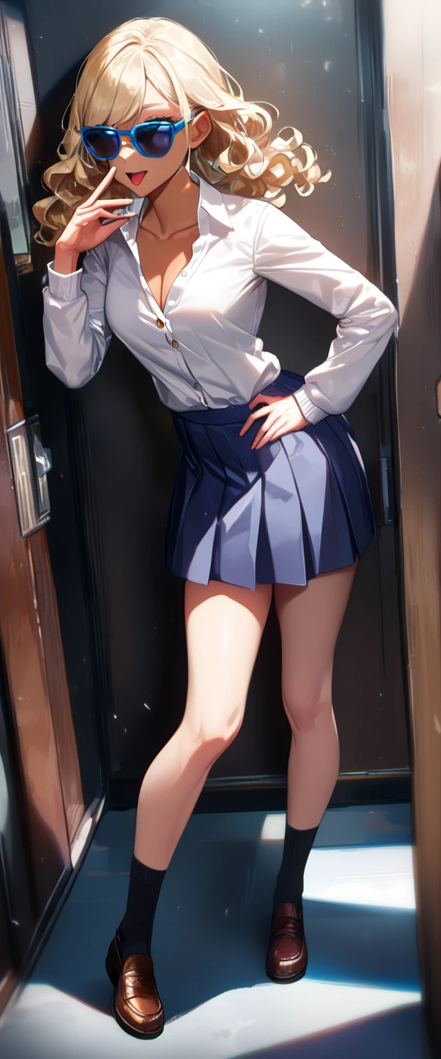 (((One girl))), (((view from behind))), looking back, ((tanned skin:1.3)), blond hair, inwardly curled hair, ((sunglasses, hand to sunglasses)), open mouth, tongue out, ((one hand on hip)), ((bob cut:1.3, wavy hair)), breasts, (full body), standard body, (looking at viewer), collarbone, ((cardigan)), ((((school winter uniform, white unbuttoned shirt, skirt)))), (open collar), ((sleeves past wrists)), teenager, head tilt:1.3, (((blue eye))), ((happy smile)), (((anime style))), (best quality, 4k, 8k, highres, masterpiece:1.2, ultra-detailed, ultra-detailed eyes, HDR, UHD, studio lighting, ultra-fine painting, sharp focus, physically-based rendering, extreme detail description, professional, vivid colors, bokeh), ((Highest quality, Best image quality, Ultra-high resolution, Ultra-high resolution, solo, Strong eye highlights)), Depth of written boundary, Natural soft light, attractive, Beautiful Face, Cleanliness, Pure Face, nedium chest, Beautiful Face, Perfect Fingers, Perfect hands, Perfect body, Perfect Face, Shine a light into your eyes, Perfect Anatomy