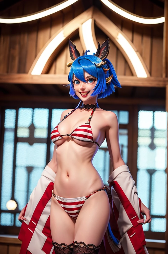 ((masterpiece,Highest quality)), Confused, Kitasan_black_umamusume, Animal ears, short hair, Striped Hair, hair ornaments, Medium chest, Horse tail, white lace bikini, alone, Laughing with your mouth open, Looking at the audience, Cowboy Shot,