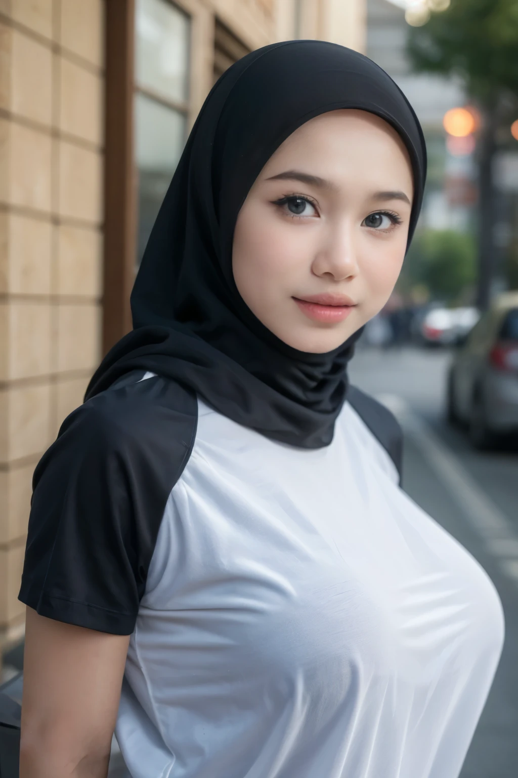 (Undress Bra), Chubby adorable, 1 girl, (face to face), , baby face, happy, half body portrait, (face details: 1), (eye details: 1), ((big breasts)). wearing transparent transparency soft soft long shirt, hijab, .. Cute posed. proportional body. Ultra High Res. realistic: 1.4, UHD, (floral pattern), view from side seductive pose 