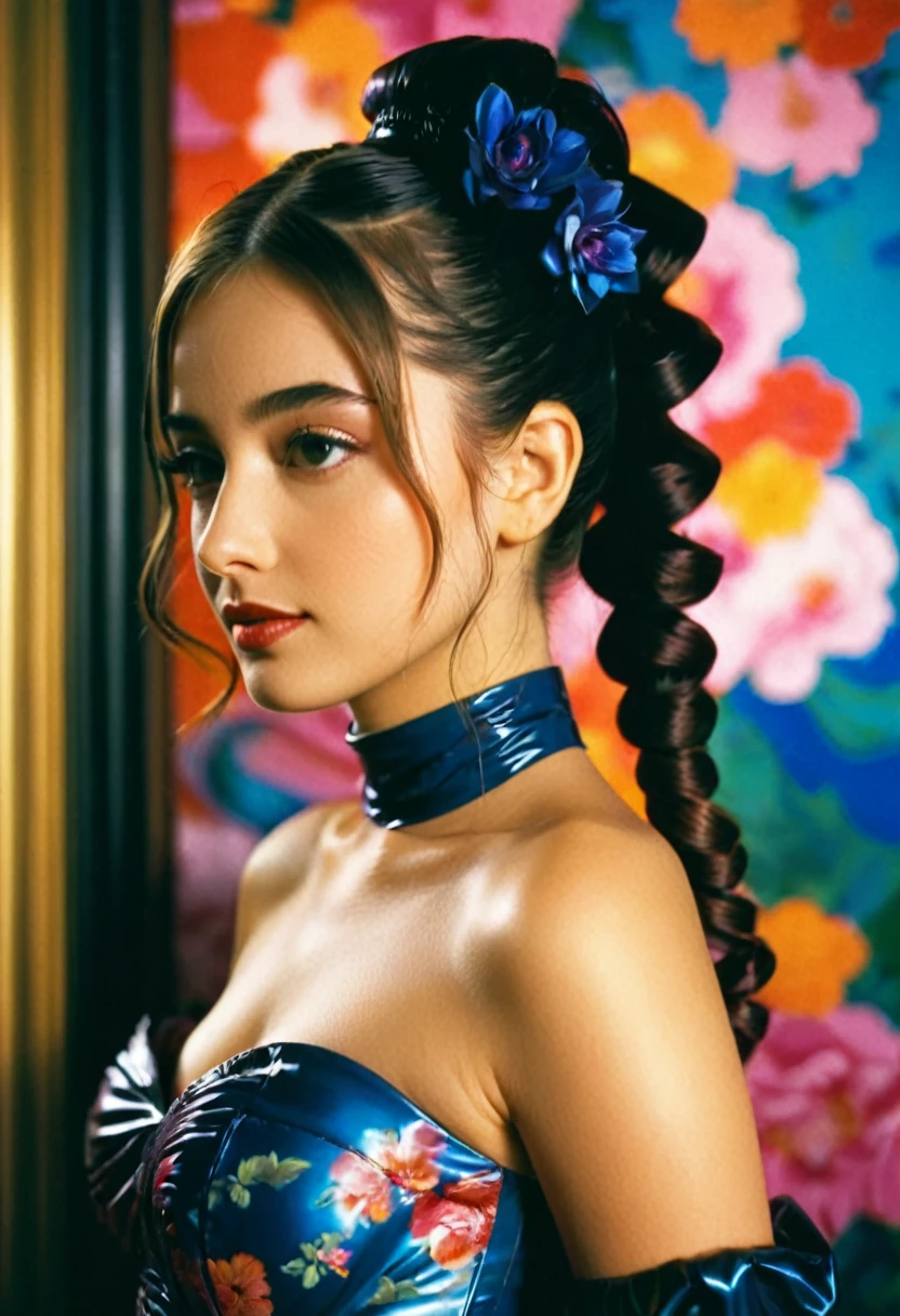 A captivating close-up shot on Cinestill 800 film stock captures the introspective expression of a 28-year-old woman, her twintail hairstyle and latex attire exuding intimacy as she contemplates something profound amidst the dimly lit private study's mystique atmosphere. Framed by lush floral patterns and ruffles on her bold, 1990s-style dress, her confident pose showcases curves accentuated by flowing fabric. The vibrant background swirls with shapes and hues, drawing the viewer's eye to her radiant smile and bright, inquisitive gaze.