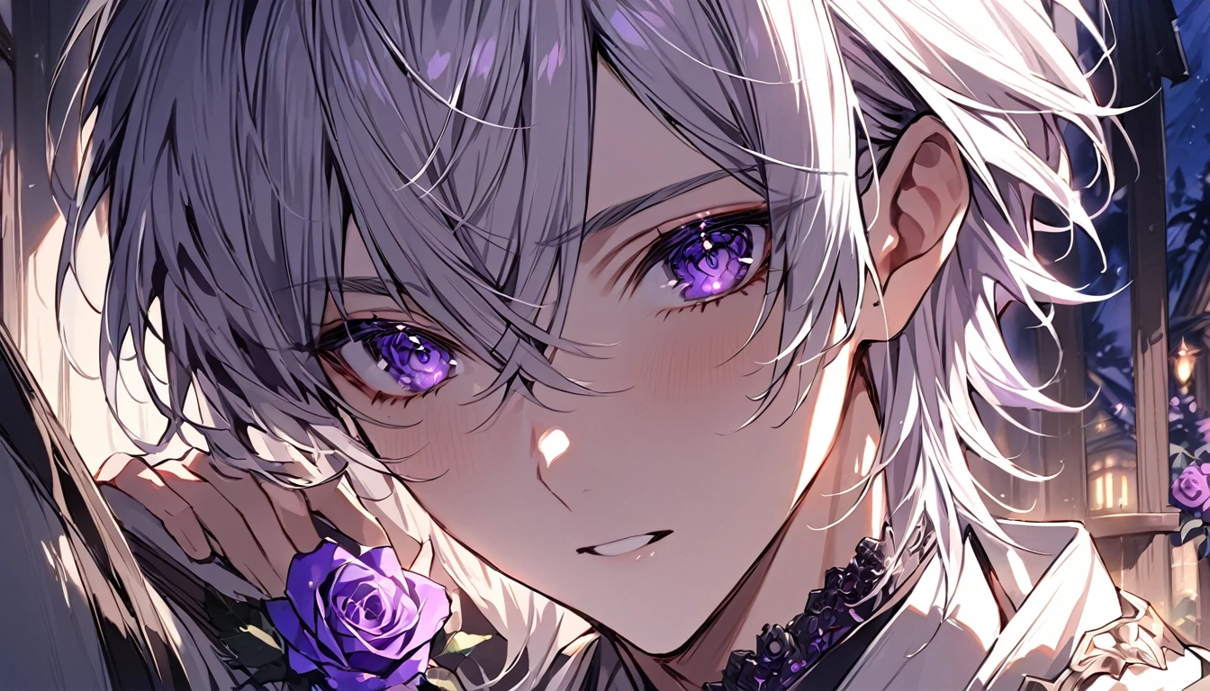 masterpiece、最high quality、high quality、Close-up、outside of home、
1 person, adult,(Beautiful Boys)), rose,human,Hair length,Purple eyes, Gray Hair,gem,Fantasy, Surroundings_Light,赤いrose