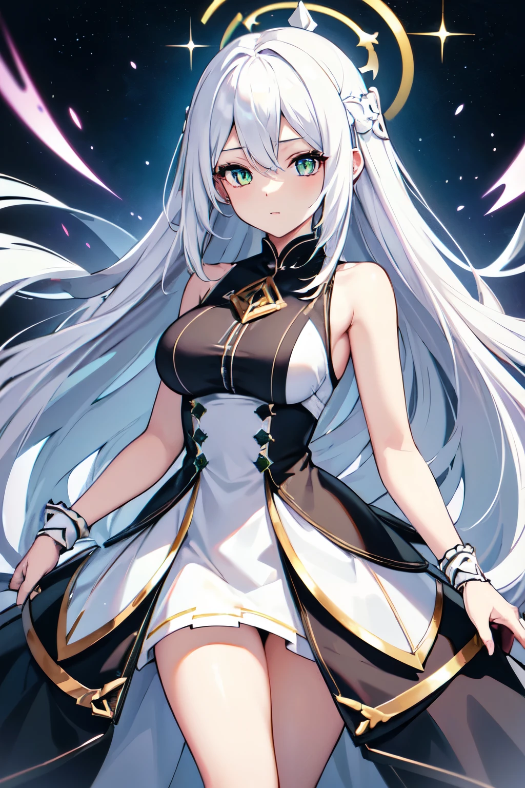 Anime character with long white hair and black dress, deity with white hair, from arc knights, cute anime waifu in nice dress, white hair, in dress, artstation trending on pixiv, from girls front line, white hair, official character art, perfect girl with white hair, lady with white hair,(shining sharp emerald eyes), dress is sleeveless,(perfect hands)