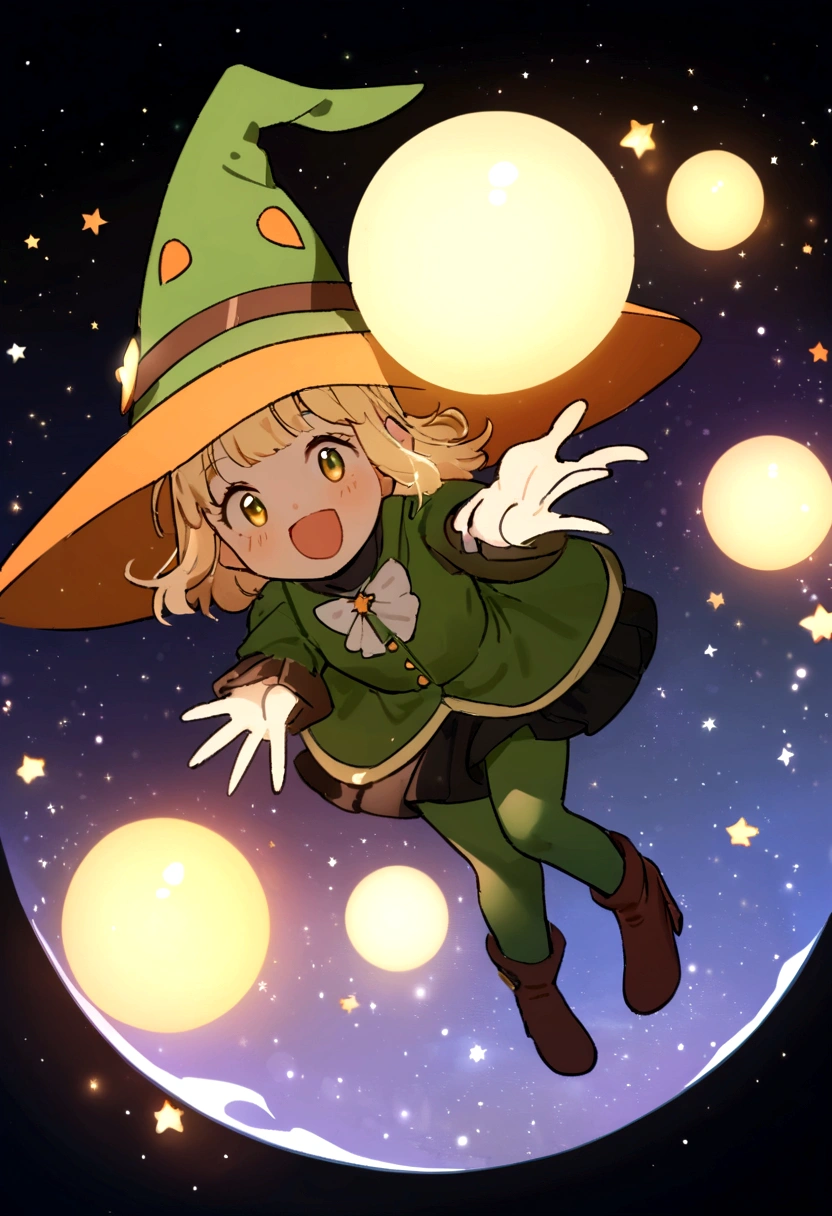 best qualityer, high resolution, 1 girl, Leprechaun, witch's hat, floating in space, energy sphere, Light particles, shiny hair, shining stars, fancy,
