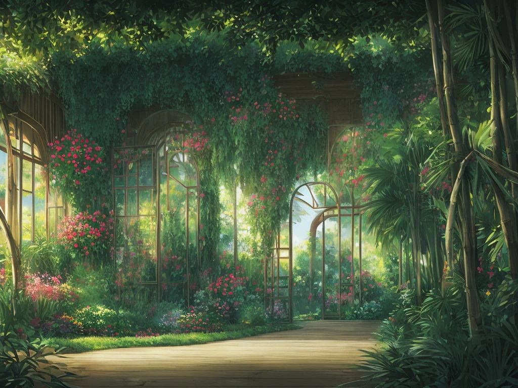 This is a concept rendering of an interior jungle-like botanical garden within the airport, with lots of greenery and water features. A walking path is set between tall glass walls covered by vines. The architecture should have natural materials like wood and bamboo, creating an immersive experience for passengers passing through. There are also some red flowers hanging from trees. At its center stands a large canopy that covers parts of it, 8k, super detail, best quality