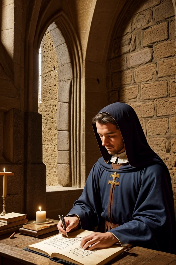A medieval writer inside a monastery, by candlelight, writing on parchment with a quill
