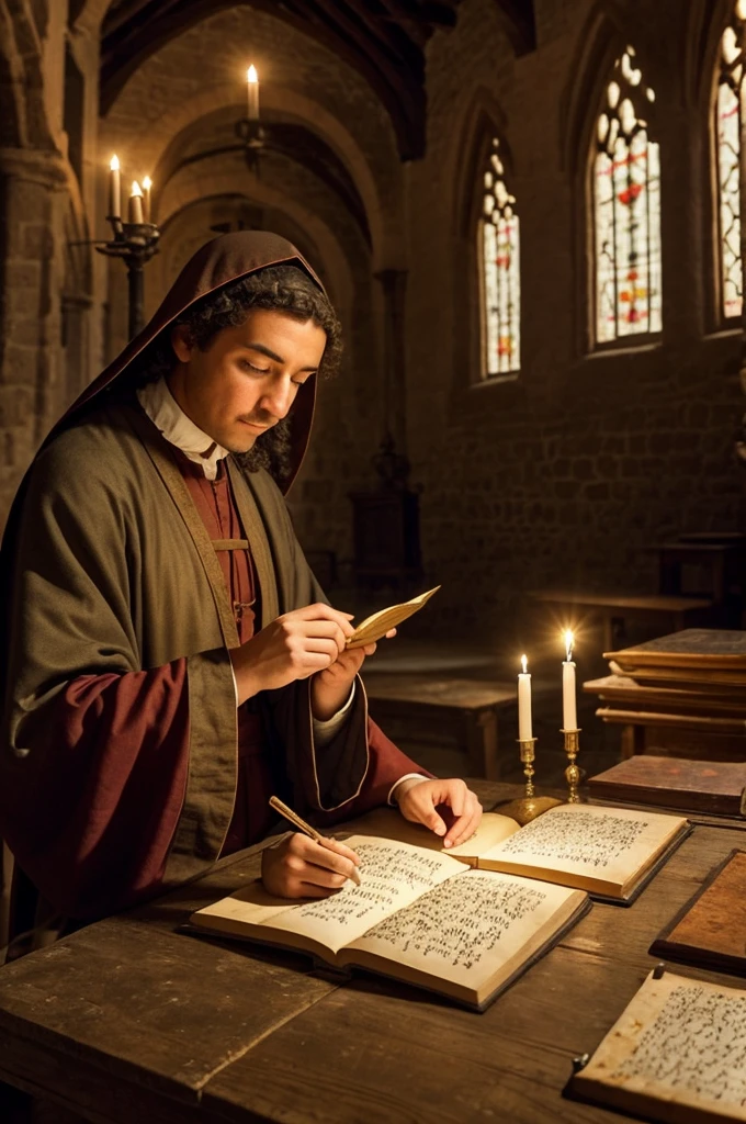 A medieval writer inside a monastery, by candlelight, writing on parchment with a quill