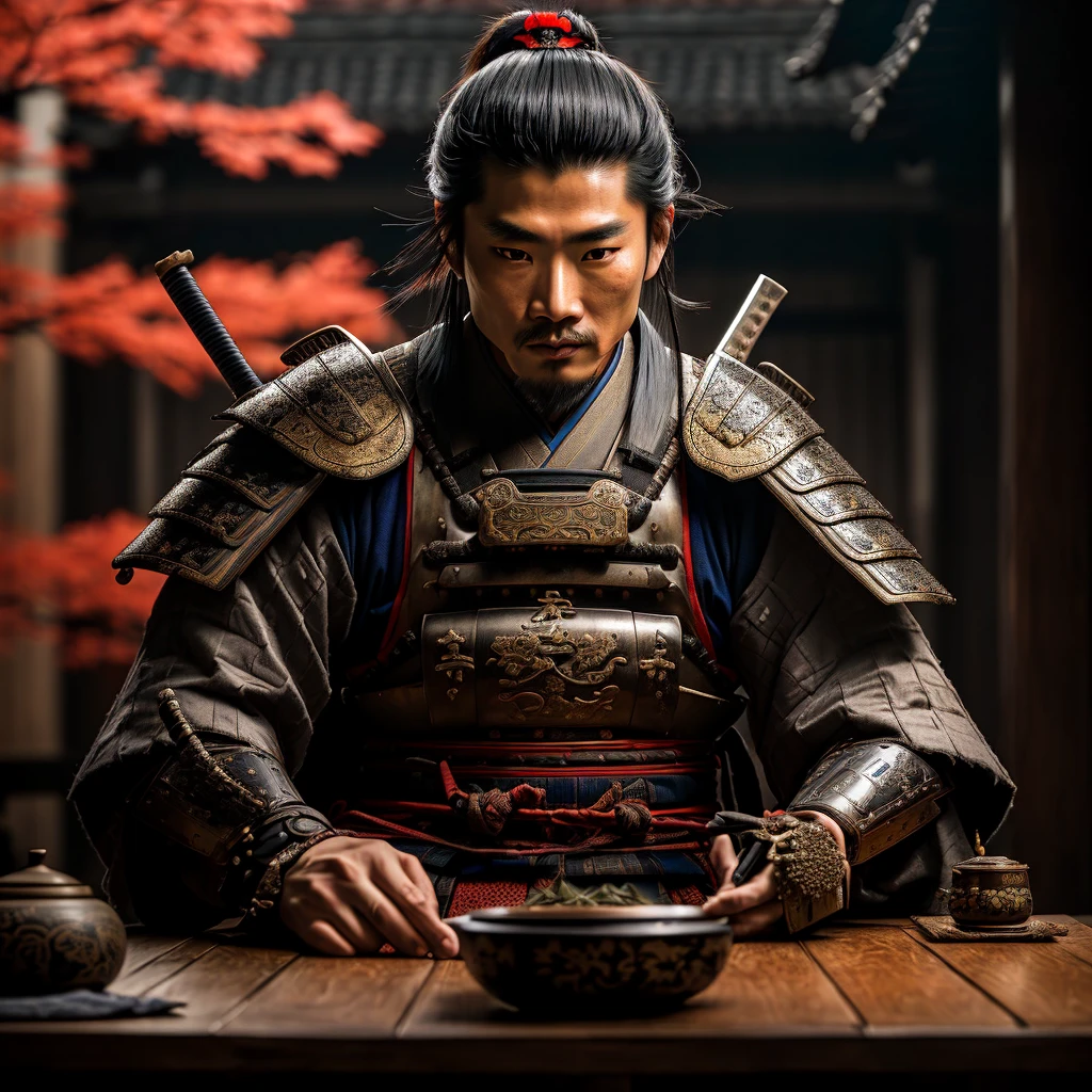 Araafed Asian man in armor sitting at a table with a bowl of food, samurai portrait photo, samurai portrait, portrait of a samurai warrior, portrait of a samurai, cinematic. por Leng Jun, from three kingdoms, por Zhang Han, inspired by Xuande Emperor, Portrait photo, ancient japanese samurai, dressed in an ancient samurai uniform, chinese three kingdoms