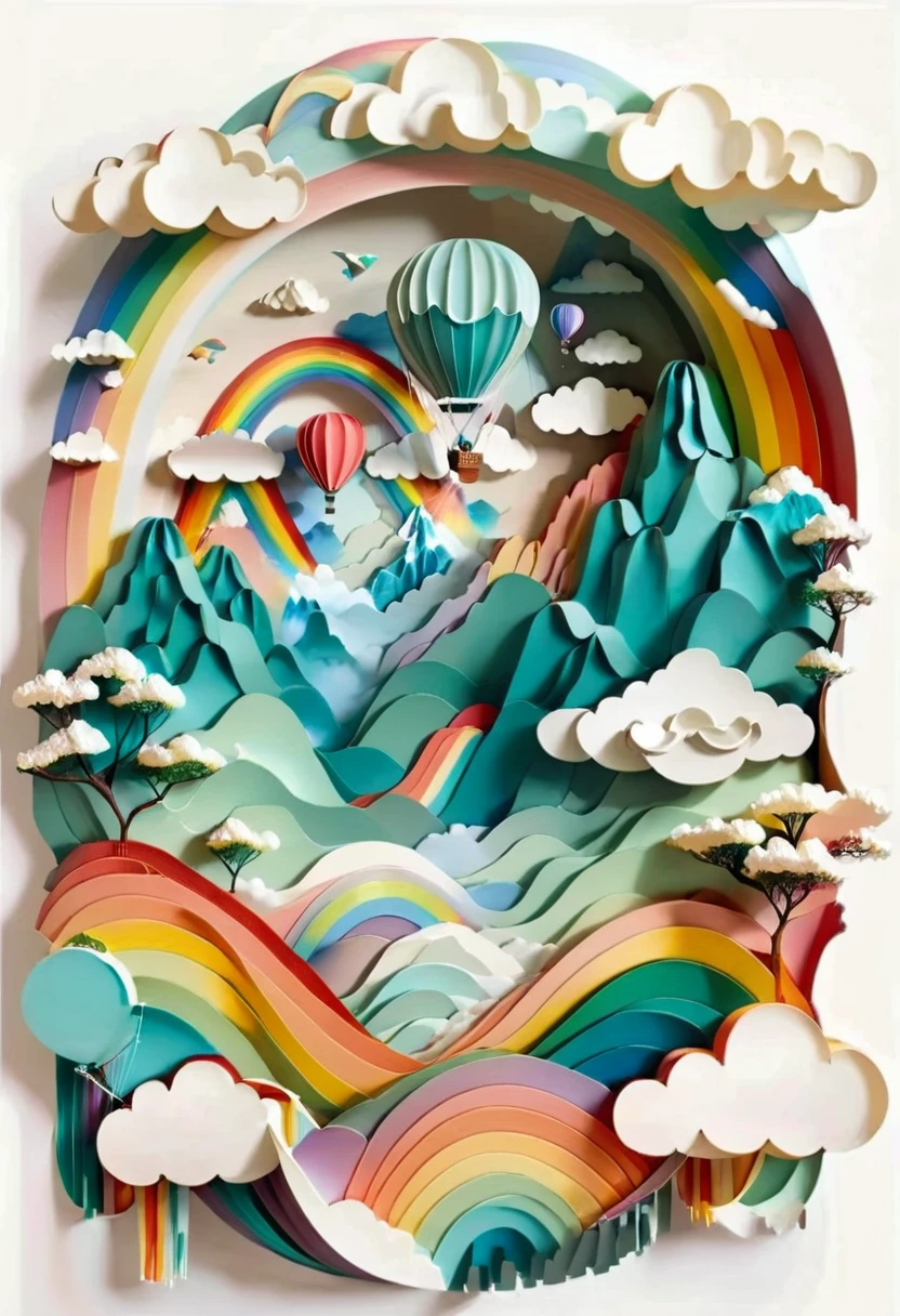 Mountain landscape,balloon,waterfall,clouds, rainbow