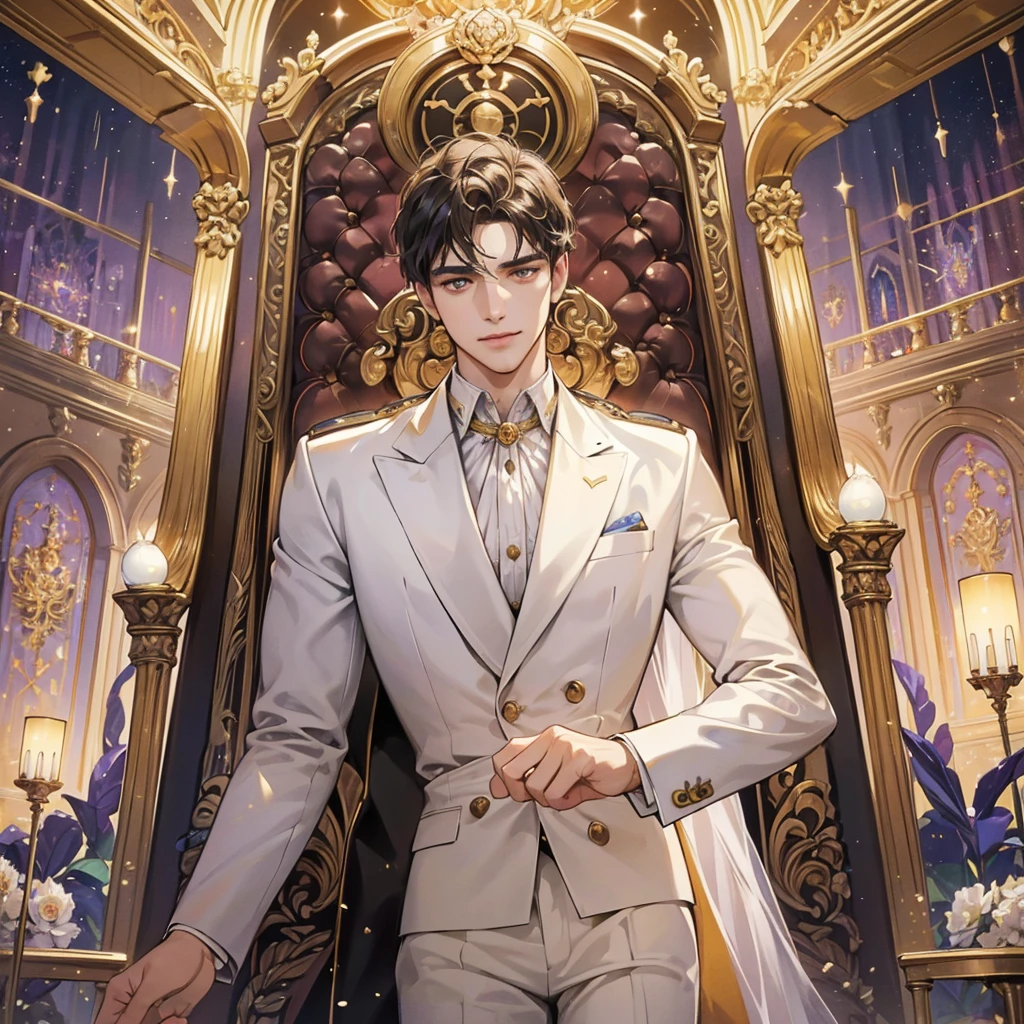 masterpiece, best quality, 8k, ultra-detailed, 34 year old Constantine the Great revived in modern times, serene smile, lion-like eyes, powerful ruler aura, elegant suit, successful businessman, grand hall, sparkling jewels of Istanbul, luxurious and graceful, sophisticated and urban night scene, hyper vivid, extremely beautiful, hyper detailed
