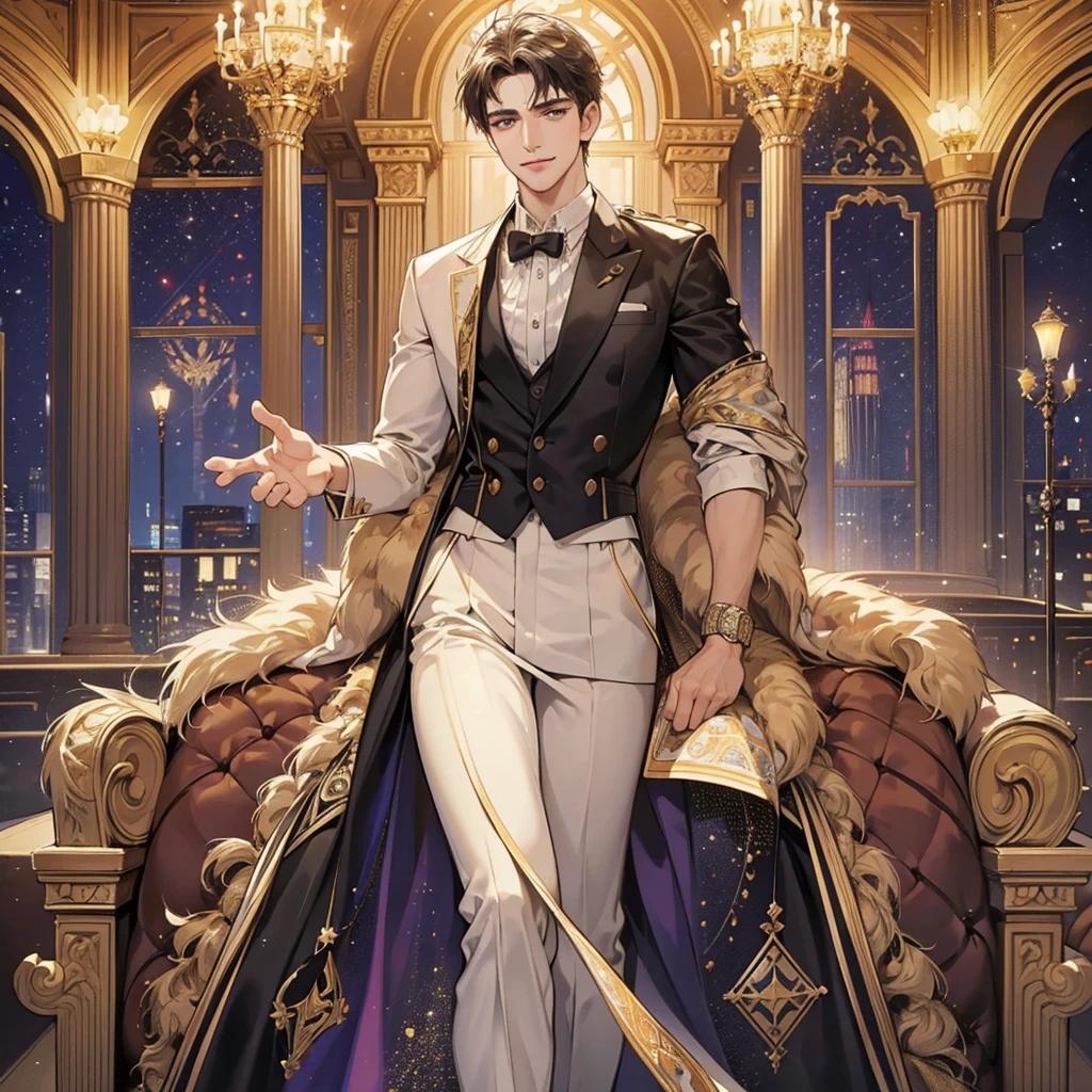 masterpiece, best quality, 8k, ultra-detailed, 34 year old Constantine the Great revived in modern times, serene smile, lion-like eyes, powerful ruler aura, elegant suit, successful businessman, grand hall, sparkling jewels of Istanbul, luxurious and graceful, sophisticated and urban night scene, hyper vivid, extremely beautiful, hyper detailed