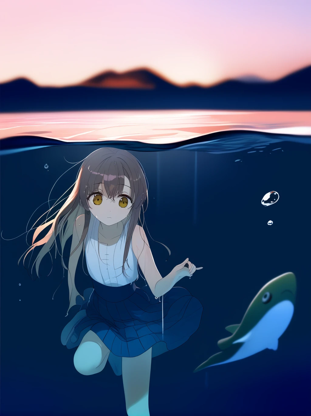 partially underwater, lakeの女神, Long Hair, Wet Hair,
lake,Dark Background, Blurred Edges,8-year-old、Flat Chest、skirt、Above the neck above the water、Body in water, Underwater Photography、浮力でskirtがめくれる