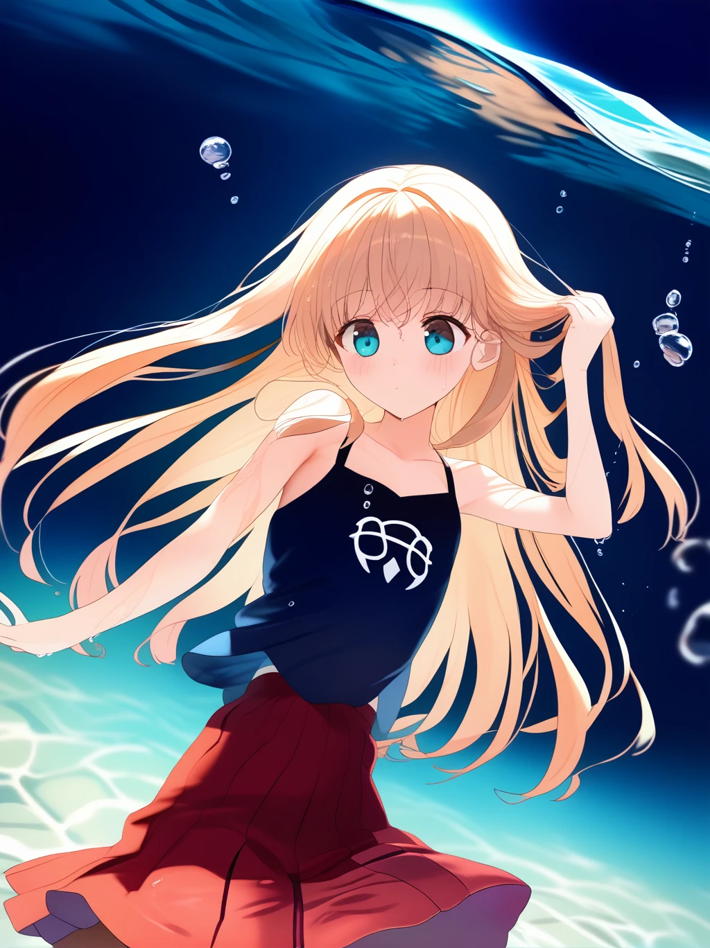 partially underwater, lakeの女神, Long Hair, Wet Hair,
lake,Dark Background, Blurred Edges,8--old、t Chest、skirt、Above the neck above the water、Body in water, Underwater Photography、浮力でskirtがめくれる