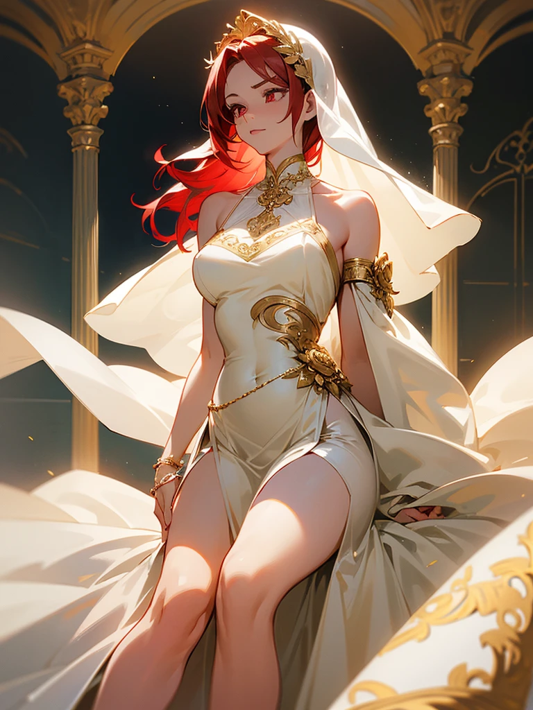 1 adult female, mature looking, grown female, tall, up to thighs, long red hair, pink eyes, white veil, One-shoulder dress with a single strap resting on the right, shoulder and a flowy, mid-thigh length skirt. Asymmetrical neckline with the strap wrapping around the back of the neck and connecting to a large, ornate gold rose ornament that acts as a choker on the left side of the bodice. Primarily white with gold accents, made from a light, flowing fabric with a slight sheen,