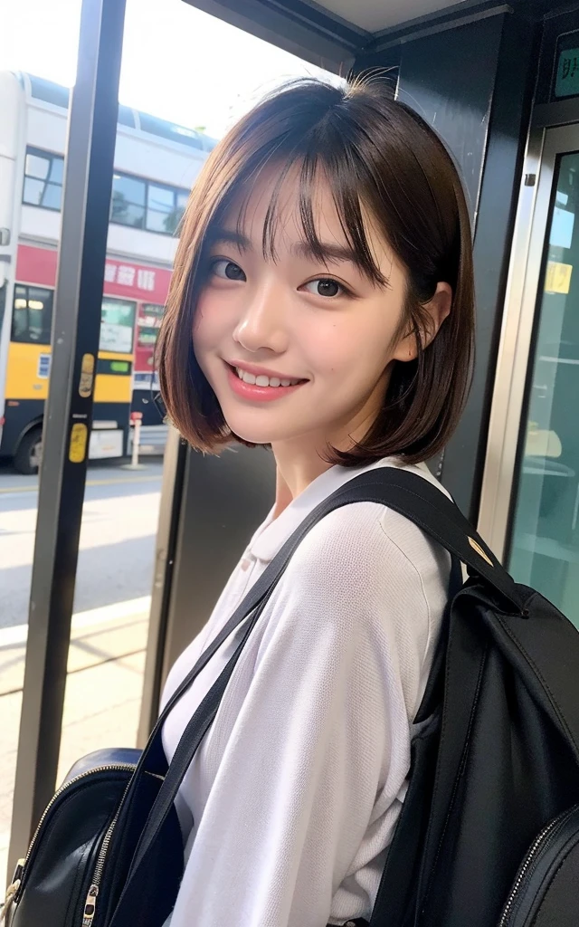 girl near bus-stop,stopped bus,long-sleeved ,school bag,18-year-old,bangs,a little smile,thighs,short cut hair,low ponytail,from below,frontlighting