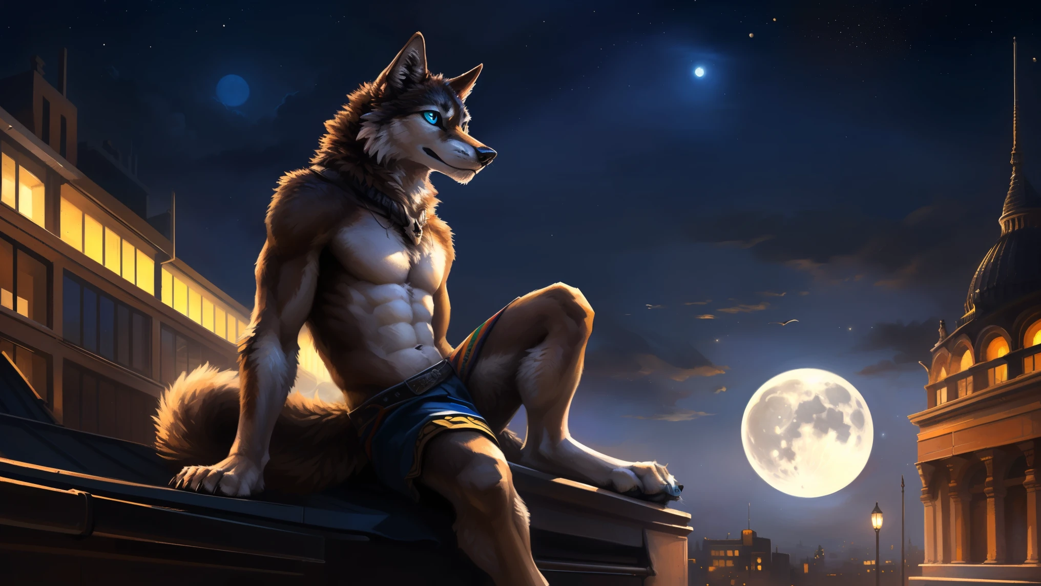 ((Solo)), male people, anthro wolf, (Multi-colored fur, White-brown:1.3), ((Wolf face, Big eyes, White eyelids, Blue pupil, Slim:1.2) (Tough, Calm expression:1.2)), (Height 2.1 meters,Tail length 1.5m), Abs, Slim, pinging, (Correct anatomy), (Contour bone:1.2), The upper body is naked, (detailed outfits), a long large tail,Feet,(Realistic fur, Detailed fur texture, labeled:1.3)), (Natural lighting), Photorealistic, Hyperrealistic, ultradetailed, by Kenket,In the modern city,Roof,the night,Sit alone,Look at the full moon,It was dark,Starry