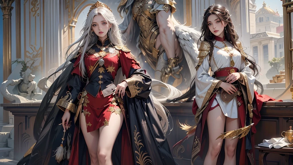 ((masterpiece, highest quality)), detailed face, CharacterDesignSheet,Full Body Esbian, full of detail, Multiple poses and expressions, muito detalhado, depth, many parts,beuaty girl,cinema lights,shine with light,Rot und Gold,Phoenix Decoration,light yarn,Lace,Lacenstrumpfhose,High Heels