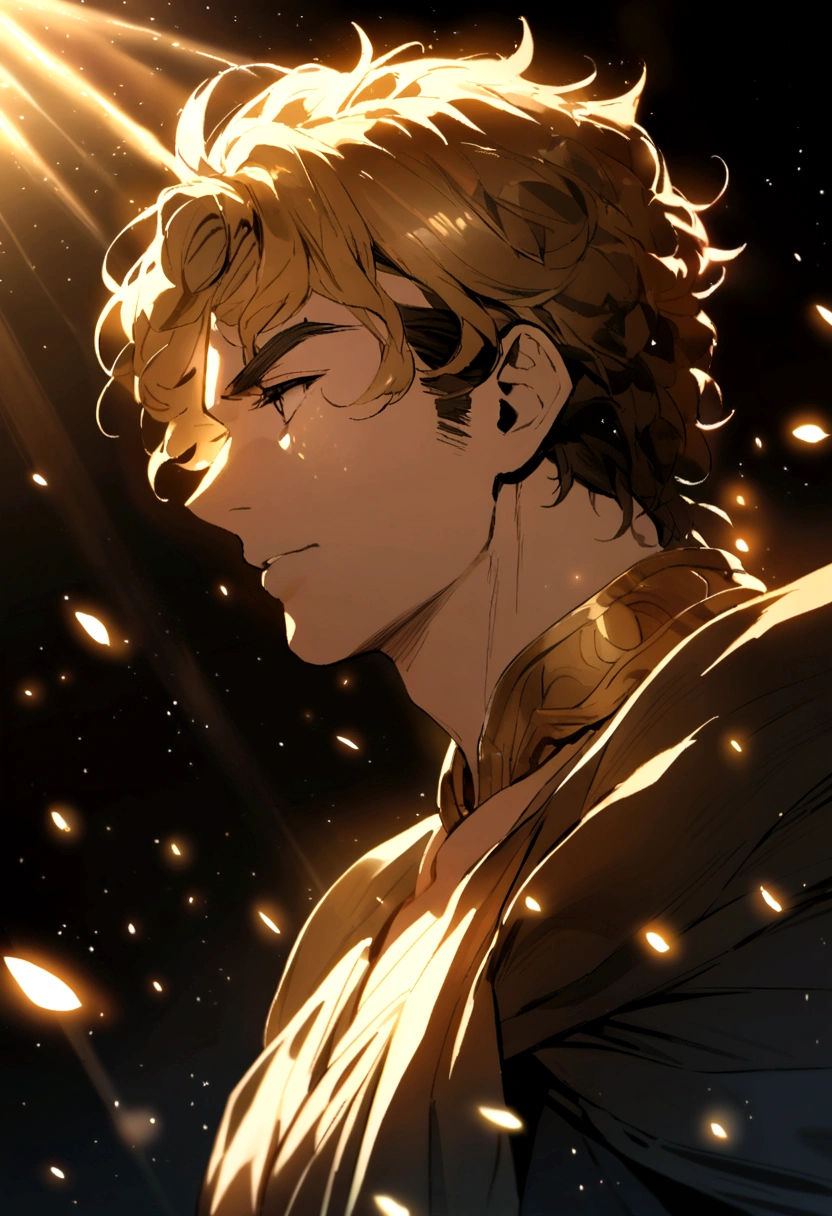 Greek hero with lights focusing on his face with particles around