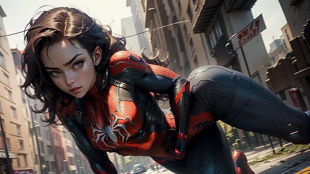 Beautiful woman detailed defined body with Spider-Man cosplay, small breasts