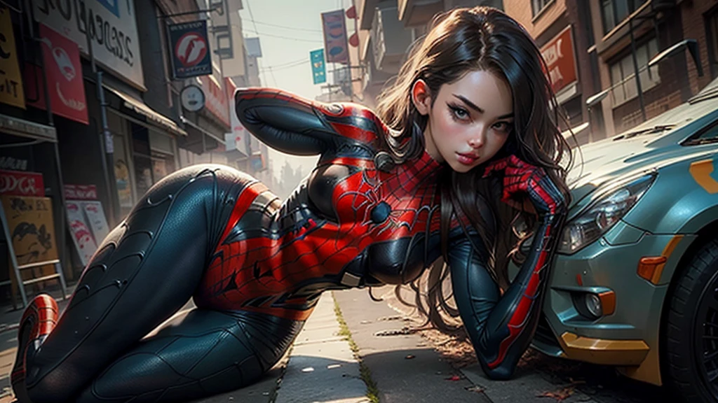 Beautiful woman detailed defined body with Spider-Man cosplay, small breasts