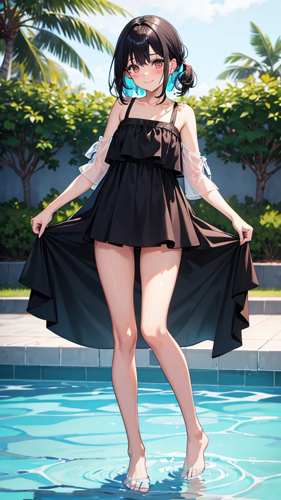 Colorful high leg swimsuit Medium hair with black hair blush smile standing facing this way Pool