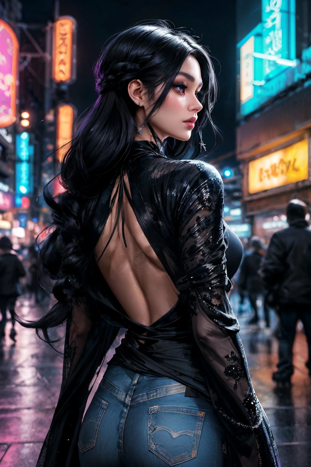 The image depicts a young woman strolling through a vibrant nighttime urban landscape, illuminated by myriad hues of neon lights, surrounded by a bustling crowd. She is attired in an unconventional black dress, featuring an intricate star-like pattern on the top, paired with denim jeans. The dress's fabric is smooth and sleek, conveying a sense of elegance and mystery. Her long, raven-black hair cascades down her back, some sections carefully tied up to accentuate the back of her neck. The makeup she sports highlights her eyes, drawing attention to their captivating depth. The overall aesthetic is one of subtle glamour and en