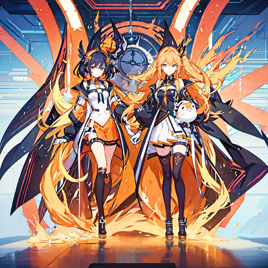 (((full body photo)))3girl, a concept art design for an orange vtuber, detailed design, super unique, full body, fashion