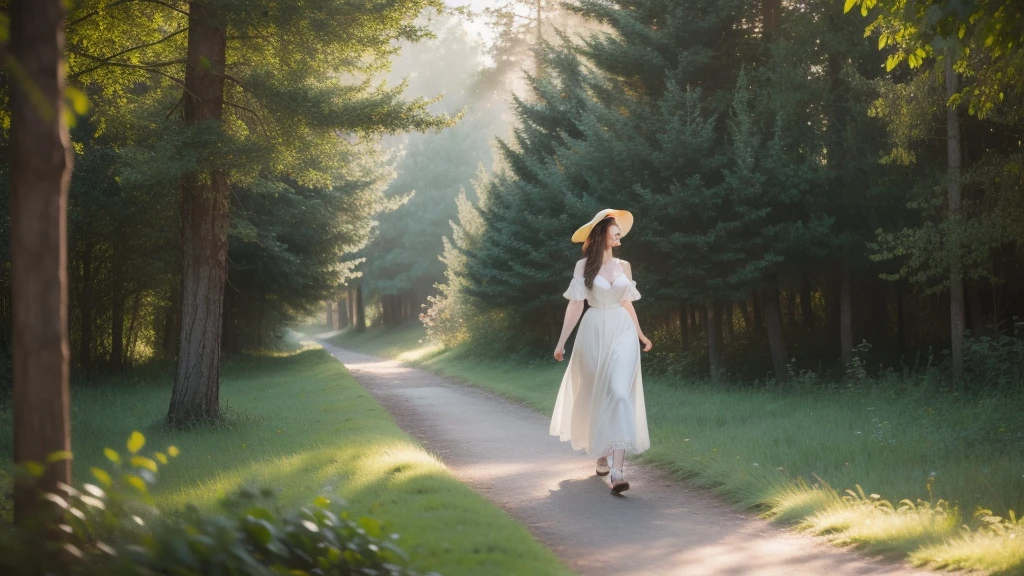 eighteenth century，european lady，Forest sunshine，walk，