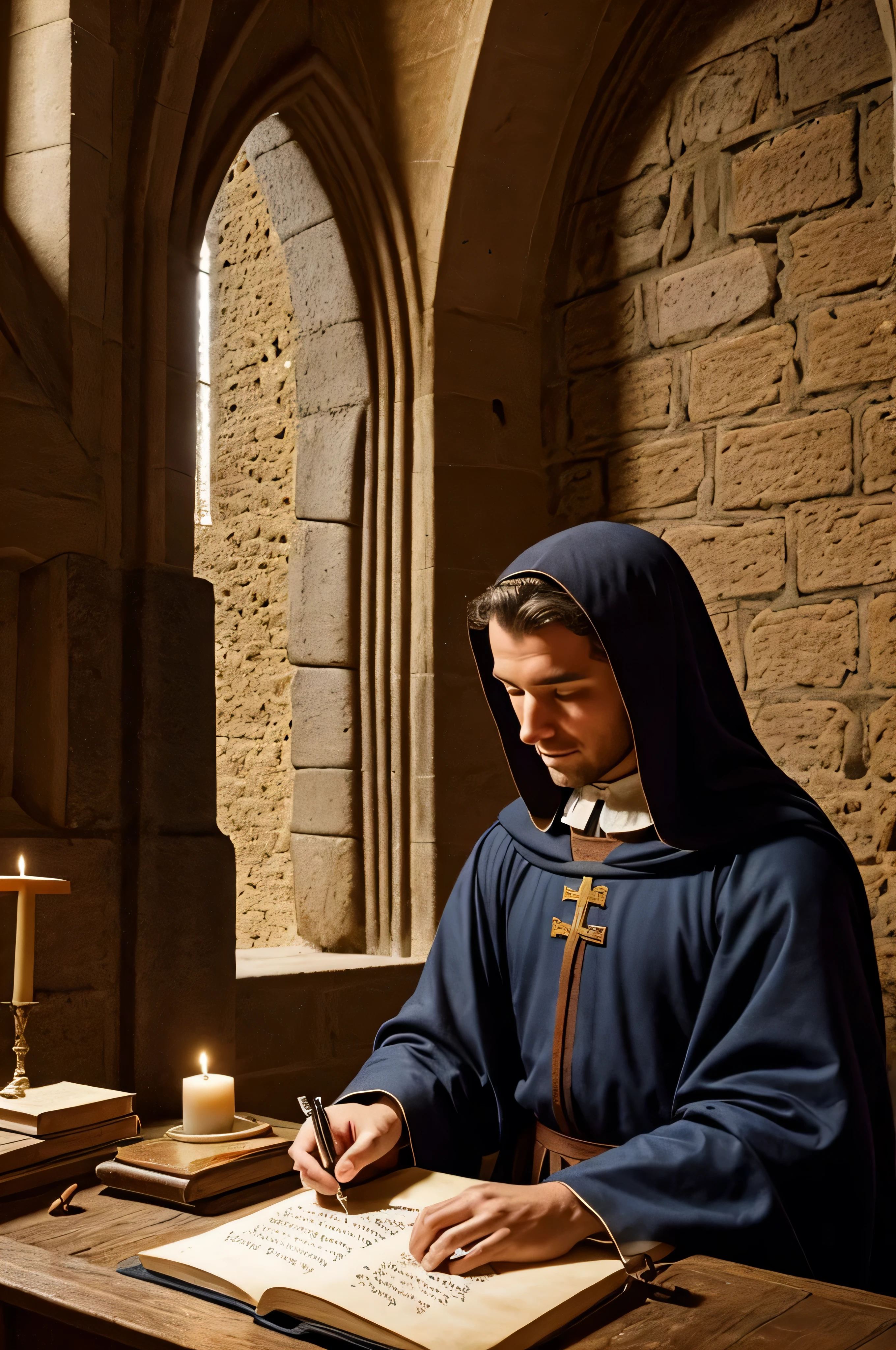 A medieval writer inside a monastery, by candlelight, writing on parchment with a quill