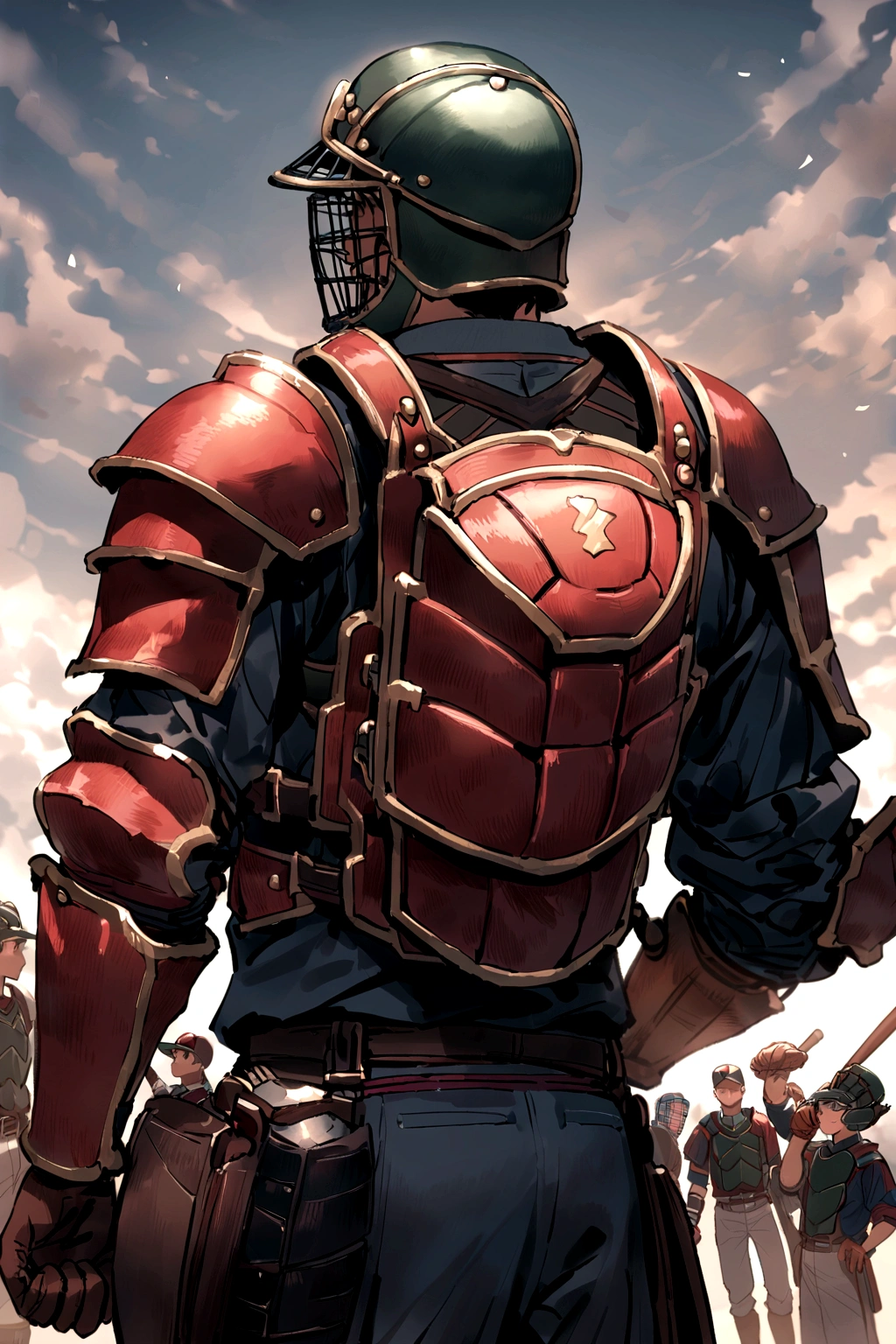 Boys，Attractive temperament，Baseball uniforms，Baseball glove in left handを着用してください，Baseball glove in left hand，Back view，court，catcher，Armor，Forgetful Battery
