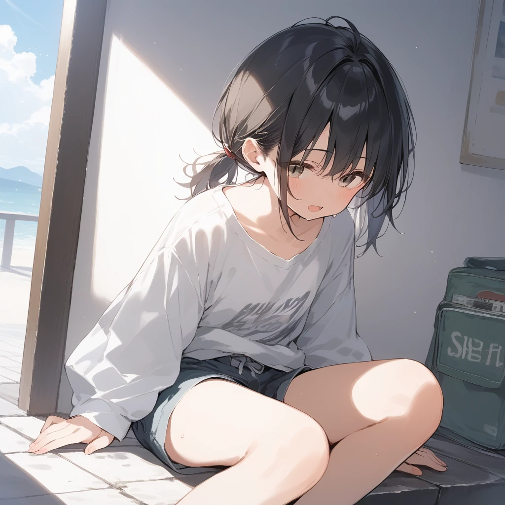 score_9, score_8_up, score_7_up, source_anime, best quality, masterpiece, official art, absurdres, highres, ultra-detailed,waifu2x,Collection: Slice of Life,break,1girl, tomboy, dark-skinned female, short hair, low ponytail, flat chest, beautiful detailed eyes, short shorts, sweat, open mouth, (yawn:0.3), sleepily, outdoors, wind, break,(clear line illustration:1.2),very high resolution, very aesthetic, super detailed skin, Best  lighting powered by famous artist, 8k,cute picture,beauty illustration,photoshop_(medium),,(Detailed Lighting),best anime 8k konachan wallpaper, pixiv contest winner, 